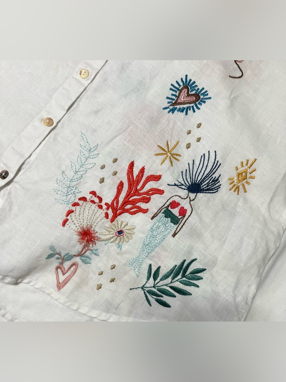 Johnny Was 100% Linen Embroidered Puff Sleeve Button Top White Size M - Picture 8 of 13
